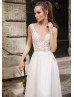 V Neck Beaded Ivory Lace Chiffon Airy Wedding Dress